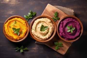 Hummus dips with various veggies on a wooden board with a purple napkin and light stone