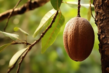 Indian Nutmeg hanging on a tree in Kerala