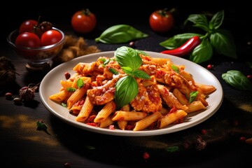Italian Bolognese pasta with chicken tomatoes basil on a wooden table