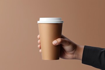 Male hand holding a paper cup on a grey background mockup