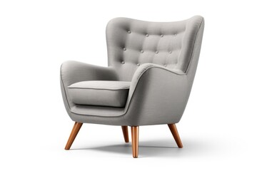 Modern gray club armchair with tufted back wing armrests and wooden feet isolated on white - obrazy, fototapety, plakaty