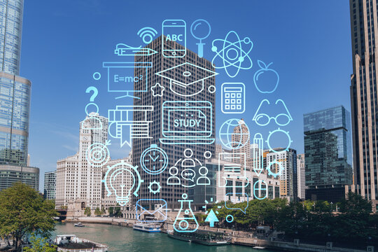 Panorama cityscape of Chicago downtown and Riverwalk, boardwalk with bridges at day time, Chicago, Illinois, USA. Education concept. Academic research, top ranking universities, hologram