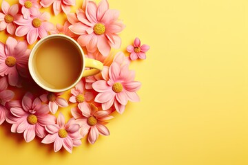 Coffee or tea cup with pink flowers on yellow background arranged creatively.