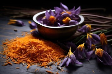 Saffron and crocus flowers on table, closeup.