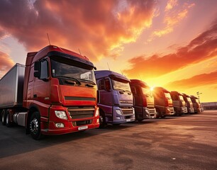 Trucks parked at sunset with shipping containers, wheels, auto shop, diesel, lorry, and cargo transport. - obrazy, fototapety, plakaty