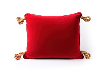 Red velvet pillow with gold rope isolated