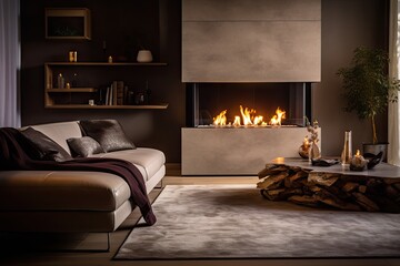 Luxurious fireplace in a modern home with a burning fire