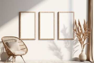 three vertical frames on the wall, boho interior mockup, poster mockup, Generative AI