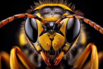 Macro portrait of a wasp on black background with full face details and depth of field - obrazy, fototapety, plakaty