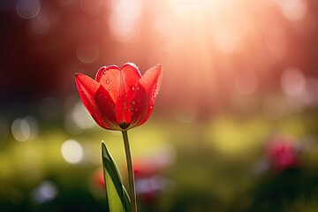 Macro shot of a red tulip on blurred green backdrop with bokeh and sun