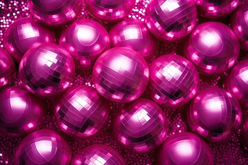 Magenta is the color of 2023 for a festive holiday background with shiny disco balls and a creative Christmas pattern bringing a 90s retro party concept