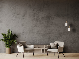 Livingroom in dark gray and taupe colors. Mockup microcement texture wall interior. Design office. Beige ivory accents, decor shelves and lamp. Modern reception lounge with rich chairs. 3d render  - obrazy, fototapety, plakaty