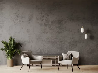 Foto op Canvas Livingroom in dark gray and taupe colors. Mockup microcement texture wall interior. Design office. Beige ivory accents, decor shelves and lamp. Modern reception lounge with rich chairs. 3d render  © Viktoriia