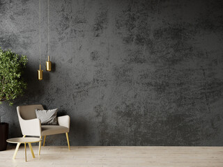 Livingroom in dark gray and beige colors. Mockup empty black microcement wall interior. Design minimalist style. Beige taupe ivory accent chair and golden lamp. Modern reception lounge. 3d render 
