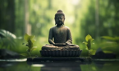 Rolgordijnen buddha statue in green zen environment, Generative AI © Junior Picture Arts