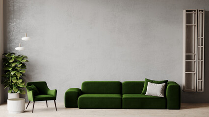 Green living room - modern interior and furniture design. Mockup for art - empty microcement texture wall. Dark green olive sofa and chair. Luxury rich lounge area with gray plaster accent. 3d render © Viktoriia Lytvyn