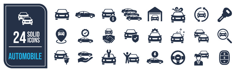 Automobile solid icons collection. Containing car dealer, keyless, garage, electrical vehicle etc icons. For website marketing design, logo, app, template, ui, etc. Vector illustration.