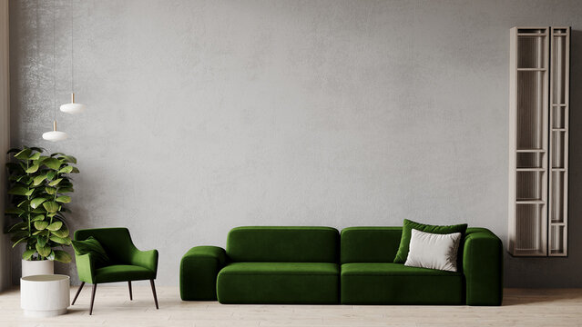 Green living room - modern interior and furniture design. Mockup for art - empty microcement texture wall. Dark green olive sofa and chair. Luxury rich lounge area with gray plaster accent. 3d render