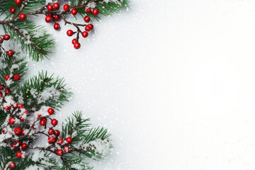 雪とモミの枝のフレームと冬のクリスマスの背景,A Christmas background with a snowy ambiance and a frame of fir branches,Generative AI
