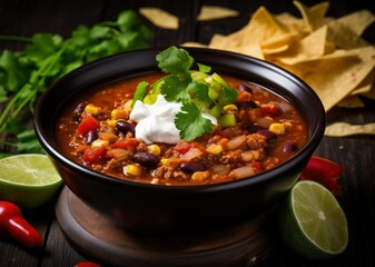 Vegan spicy Mexican soup with beans sweetcorn and toppings