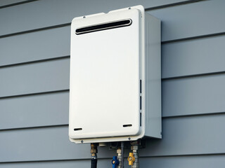 Modern external continuous flow gas water heater mounted on house wall - obrazy, fototapety, plakaty