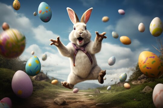 happy Easter bunny jumping with joy with many Easter eggs, Generative AI