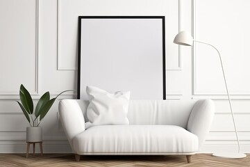 Vertical frame mockup with white sofa in a modern interior room, 3d render, Generative AI