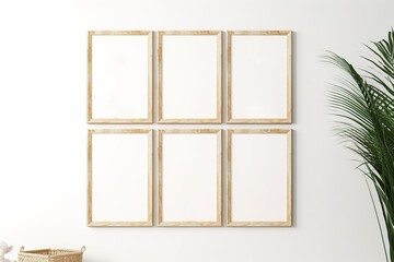 kids room interior frame mockup with giraffe and palm, jungle style, six wooden frames mockup in nursery, Generative AI