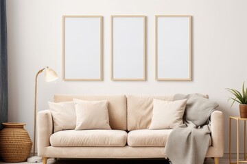 Gallery wall mockup in cozy living room interior, frame mockup, 3d render, Generative AI