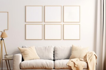 Gallery wall mockup in cozy living room interior, frame mockup, 3d render, Generative AI