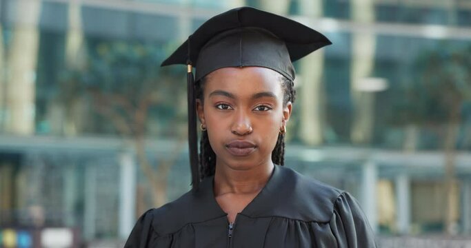 Graduate, education and face of black woman in city for degree, achievement and academic success. University, college and portrait of student with pride for future, career and graduation in town