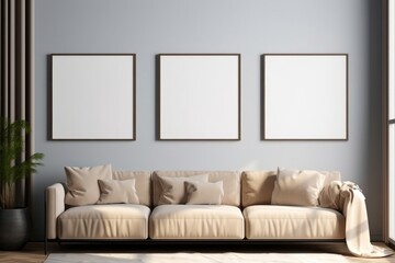 Three frames mockup in modern living room interior with sofa, 3d render, Generative AI