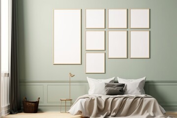 Gallery wall mockup, Frame mockup in modern bedroom interior, 3d render, Generative AI