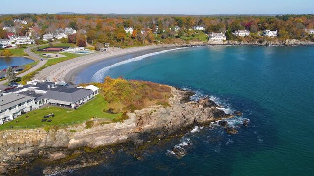 York Harbor Beach aerial view in fall at the York River mouth to York Harbor in town of York, Maine ME, USA. 