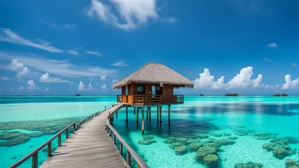 Fotobehang A stilt house in the Maldives, perched above crystal-clear turquoise waters with a thatched roof and vibrant tropical flowers. © IBRAHEEM'S AI