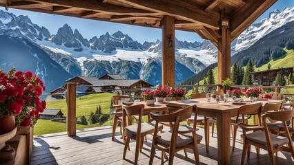 Fototapeta na wymiar A Swiss chalet nestled in the Alps, featuring wooden beams, flower boxes, and a panoramic view of snow-capped mountains.