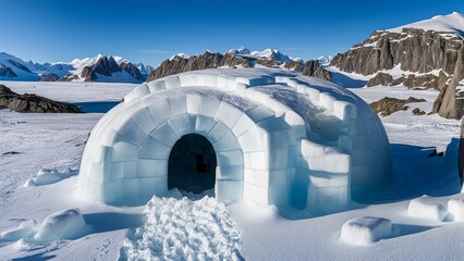A traditional igloo in Greenland, constructed from ice blocks, with a small entry tunnel and an...