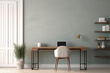 Modern home office interior with blank wall, 3d render, Generative AI
