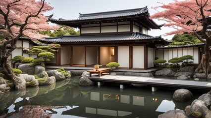 A traditional Japanese home with sliding paper doors, a minimalist garden, and a small wooden...