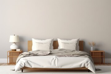 Fototapeta na wymiar Cozy bedroom interior with bed and blank wall, 3d render, Generative AI