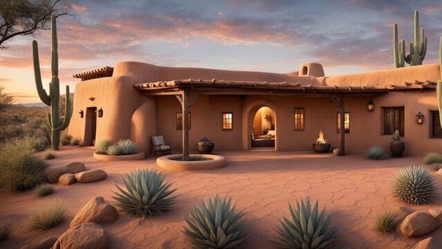 A traditional adobe house in the American Southwest, blending seamlessly with the desert landscape and featuring a courtyard with a kiva fireplace.