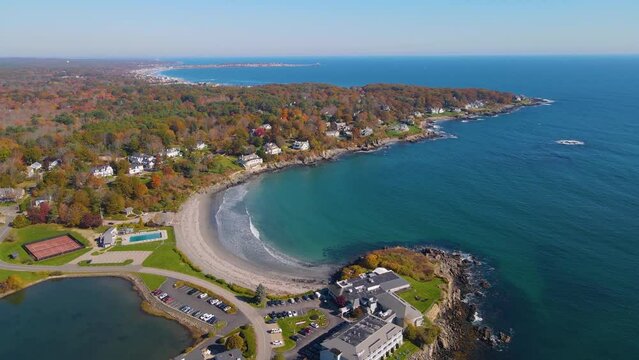 York Harbor Beach aerial view in fall at the York River mouth to York Harbor in town of York, Maine ME, USA. 