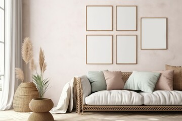 Frame mockup in boho living room interior, 3d render, Generative AI