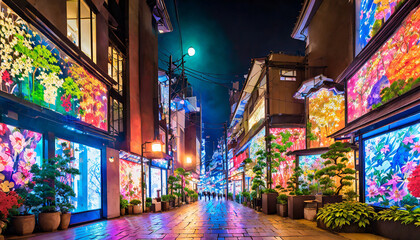 Fototapeta na wymiar A night neon street at the downtown in Nakano Tokyo