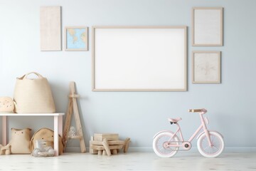 kids room interior with a bicycle and toys, frame mockup, Generative AI