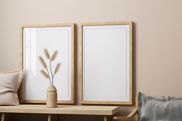 Frame mockup in modern boho living room interior, poster mockup, 3d render, Generative AI