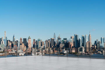 Skyscrapers Cityscape Downtown, New York Skyline Buildings. Beautiful Real Estate. Day time. Empty rooftop View. Success concept.