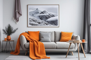 Minimal room décor, gray-orange tones with modern furniture sofas and framed artwork on the walls.