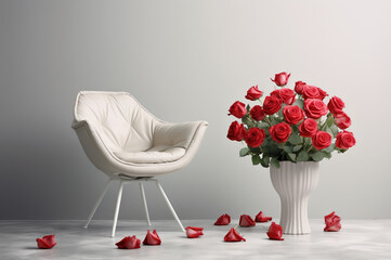 A luxurious modern white-gray chair stands alone in a room decorated with roses and cement walls.