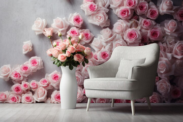 Modern armchair next to vase of roses in gray cement room interior and flower backdrop